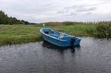 Mavi bir tekne, berrak bir gökyüzünün altında yemyeşil çimlerle dolu durgun bir suyun üzerinde duruyor..