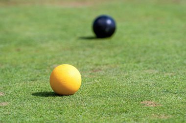 Oyuncular krikete hazırlanırken renkli toplar iyi korunan bir çimenlikte dinleniyor. 