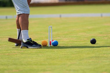 Yazın canlı yeşil çimlerin üzerinde kriket toplarının ve kalelerin yanında duran kişi..