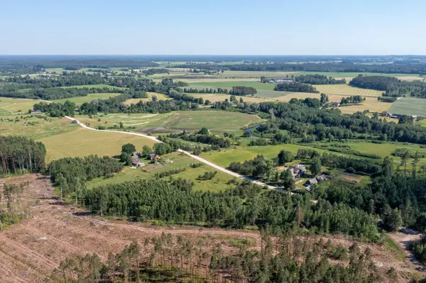 Köyleri birbirine bağlayan dolambaçlı bir yol ile aydınlık gökyüzü altındaki tarlaların ve ormanların geniş manzarası.