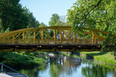 Canlı, sarı bir köprü huzurlu bir nehri geçiyor. Suya yansıyan ağaçlarla birlikte..