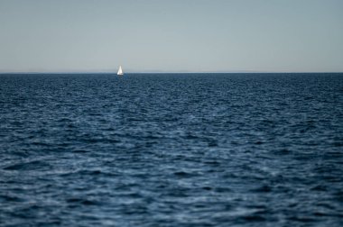 Yalnız bir yelkenli güneşli bir günde sakin okyanus sularında yüzer ve huzurlu bir ortam yaratır..