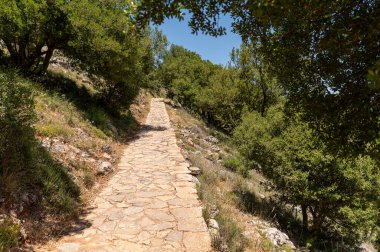 Ziyaretçiler Girit 'in büyüleyici manzarasındaki Dikteon mağarasına giden tarihi taş yolda yürüyorlar..
