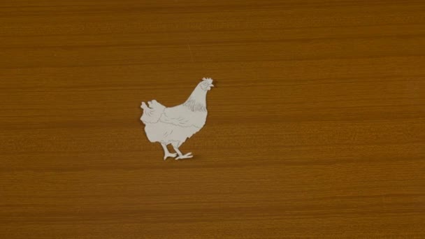 停止煎鸡蛋的运动 用拔出的母鸡 用黄色蛋黄的煮鸡蛋在木板上出来 具有代表性的鸡蛋孵育过程 直至食物的配制 — 图库视频影像
