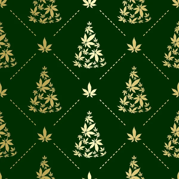 Christmas Tree Cannabis Leaves Seamless Pattern — Stock Vector