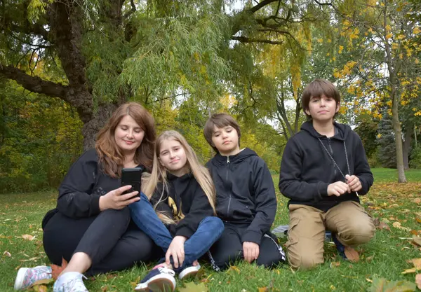 Famiglia Quattro Persone Con Tablet Nel Parco Autunnale Foto Stock