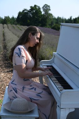 Yaz tarlasında bir kız lavanta tarlasında şapkalı bir kadın ve beyaz bir piyano