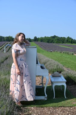 Lavanta tarlasında şapkalı kadın ve beyaz piyano