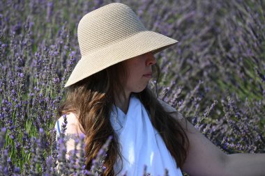 Beyaz elbiseli kız lavanta tarlasında,