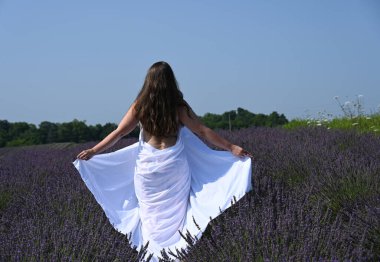 Lavanta tarlasında beyaz elbiseli bir kız.,