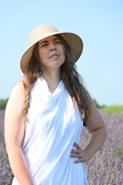 girl in white dress on lavender field, clipart