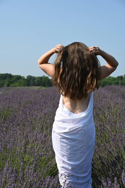 Lavanta tarlasında beyaz elbiseli bir kız.,