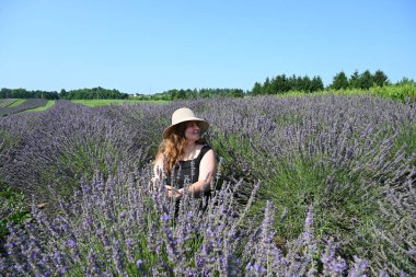 Lavanta tarlasında orta yaşlı bir kadın