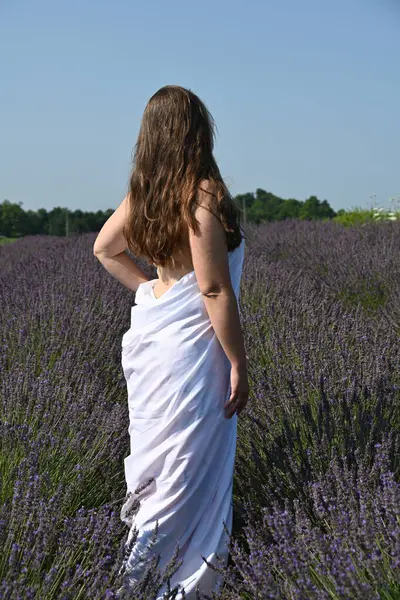 Lavanta tarlasında beyaz elbiseli bir kız.,