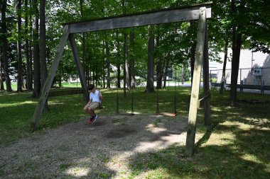 child riding on swing in park, clipart