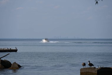 boat on the lake ship at sea and beautiful landscape, clipart