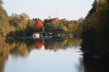 Nehrin üzerinde ağaçlar ve nehirle sonbahar manzaralı bir köprü. 