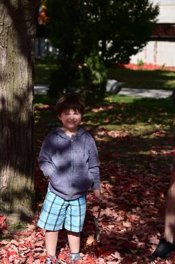 Küçük çocuk sonbahar parkında poz veriyor.