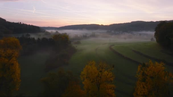 Aerial Drone Sunrise View Πάνω Από Φθινόπωρο Χρωματιστό Δάσος Και — Αρχείο Βίντεο