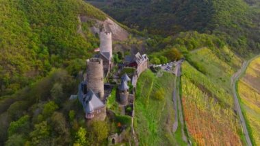 Tepelere kurulmuş Mosel üzüm bağlarındaki Burg Thurant. Thurant Şatosu 'nun, Moselle Nehri' nin, Alman yapımı 4K 'lık hava aracı görüntüleri.