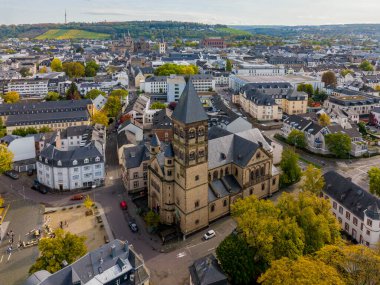 Aerial Drone Shot of the City Center in Trier, Rheinland-Pfalz. Autumn day in Famous German city. 4k clipart