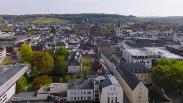 Aerial Drone Shot City Center Trier Rheinland Pfalz Podzimní Den — Stock video