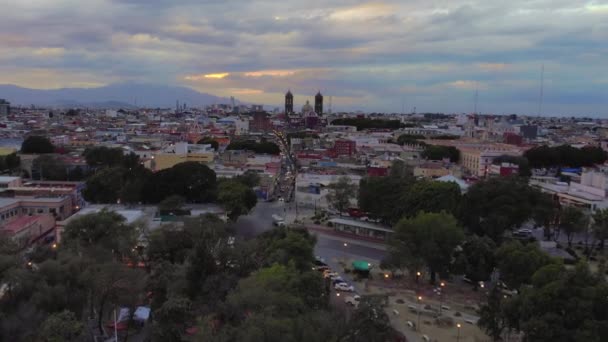 Puebla Dramatic Evening Sunset Aerial Drone Shot City Center Puebla — Video Stock