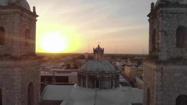 Sunrise Drone Shot Mexique Vue Aérienne Cathédrale Merida Grand Plaza — Video