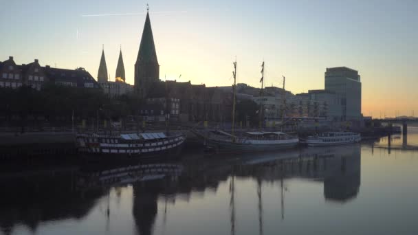 Sonnenaufgang Morgens Der Stadt Bremen Deutschland Historisches Zentrum Von Bremen — Stockvideo