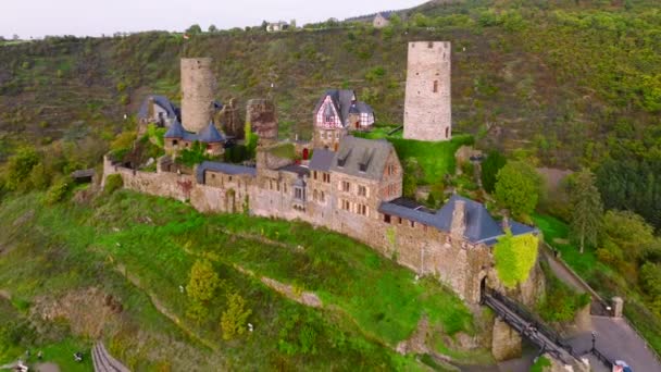 茂密的瑟朗在莫泽尔葡萄园栖息在群山之中 德国Moselle河Thurant城堡空降无人机高质量的4K镜头 — 图库视频影像