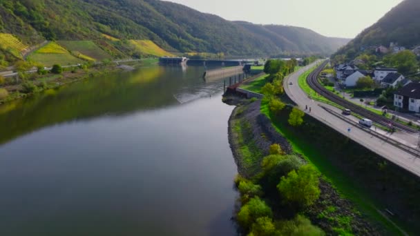 Aerial Flyby Κατά Μήκος Του Ποταμού Moselle Ρηνανία Παλατινάτο Γερμανία — Αρχείο Βίντεο