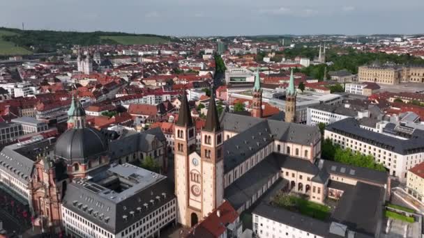 Wurzburg Historical Center Aerial Drone Filmación Puente Viejo Principal Catedral — Vídeos de Stock