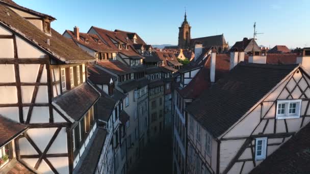 Aerial Drone Shot City Colmar Alsace France Quiet Street Summer — Stock Video