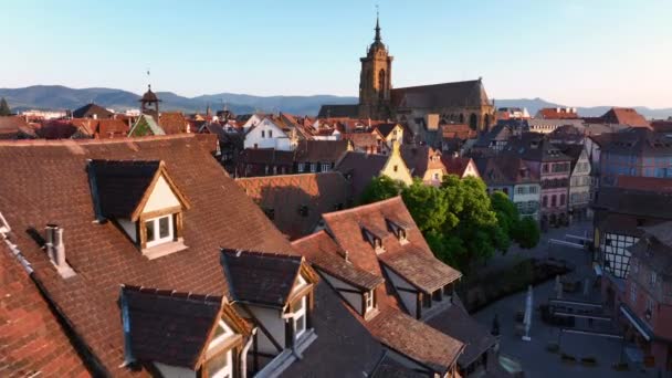 Low Drone Flyby Shot Roofs Fachwerk Buildings City Colmar Alsace — Stock Video