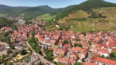 Alsace 'deki Kaysersberg köyünün insansız hava aracı görüntüsü. Fransa 'da yaz, kale ve güzel bir şehir. Yüksek kalite fotoğraf