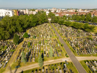 Strasbourg 'daki bir mezarlığın en iyi manzarası. Güneşli bir günde hava manzarası. Mezar ve mezar izleri deseni. Yüksek kalite fotoğraf