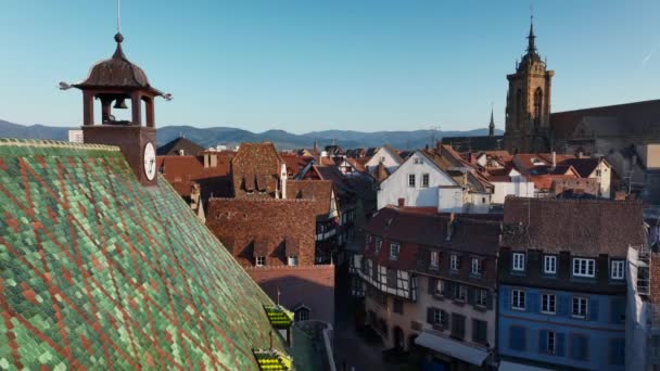 Luchtfoto Van Colmar Elzas Frankrijk Rustige Straat Zomer Met Blauwe — Stockvideo