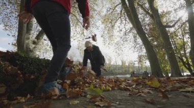Autumn Park 'ta kıdemli Kafkas Kardeşler oynuyor. Büyükanneler güz yaprakları fırlatıyor, eğleniyor ve gülüyorlar. Yüksek kalite 4k görüntü