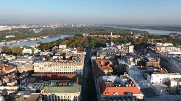Vista Aérea Del Drone Belgrado Capital Serbia Mañana Centro Crepúsculo — Vídeos de Stock