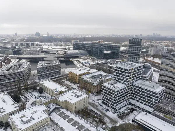 Aerial of Berlin Hbf, Capital of Germany. Aerial winter cityscape of Berlin Main Railway Station, Foggy Hauptbahnhof. High Quality picture