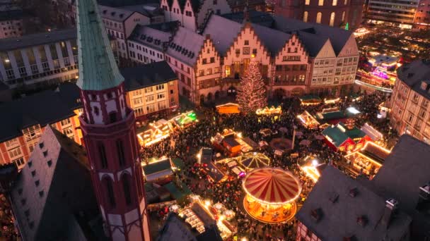 Karácsonyi Vásár Romerberg Téren Este Frankfurt Main Hesse Németország Repülőgép — Stock videók