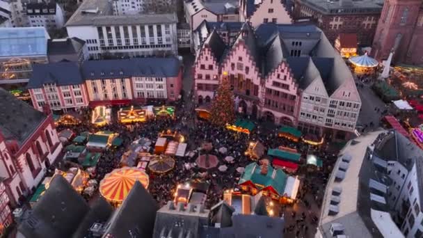 Frankfurt Noel Pazarı Hava Kış Drone Atışı Weihnachtsmarkt Romerberg Meydanı — Stok video