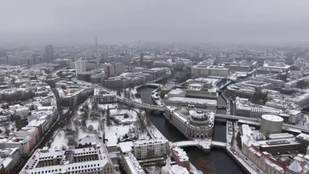 Museer Island Täckt Snö Flygfoto Vinter Stadsbild Museum Tower Och — Stockvideo