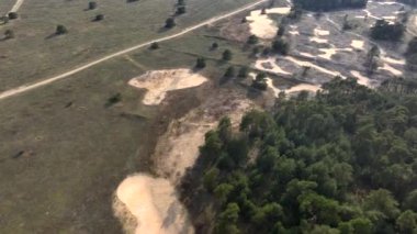 Hollanda 'daki Veluwe Ulusal Parkı, Hava Aracı Atışı. Kum tepeleri ve çam ormanları, yukarıdan manzara. Yüksek kalite 4k görüntü