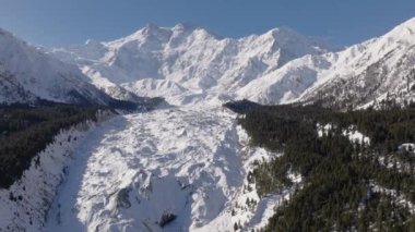 Nanga Parbat 'ın vadideki bir buzulla, Pakistan' daki Fairy Meadows sineması geniş ekran insansız hava aracı görüntüsü. Yüksek kalite 4k görüntü