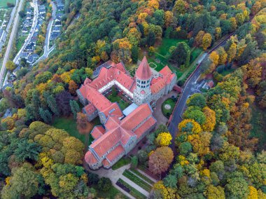 Aerial drone Shot of Abbey in Clervaux, Luxembourg in mystery evening twilight. 4k, 5k clipart