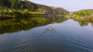 Moselle Nehri boyunca uzanan yol, Almanya. Sonbaharda Picturesque Valley 'in havadan çekimi. Rhineland-Palatinate, Almanya. Yüksek kalite 4k görüntü