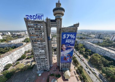 Belgrade Western Gate, the Brutalist Skyscrapper Tower, Western Block Architecture Heritage. Aerial of Belgrade, Serbia. High quality Photo clipart