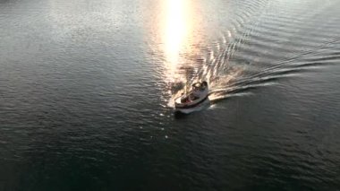 Jondal, Norveç - Ağustos 2024: Bir Küçük Balıkçı Gemisi Fjord 'un durağan bölgesinde yavaş hareket ediyor. Hava Akşamı Günbatımı Çekimi. Yüksek kalite 4k görüntü