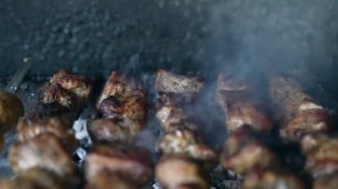 Baharatlı şiş şiş ile ızgara şiş pişirin. Alevli baharatlı et dilimleri. Barbekü pikniği barbekü partisi. Yüksek kalite 4k görüntü